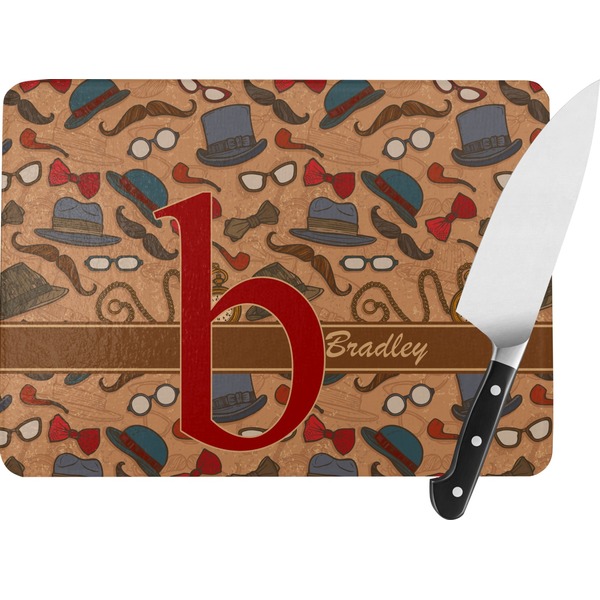 Custom Vintage Hipster Rectangular Glass Cutting Board - Large - 15.25"x11.25" w/ Name and Initial