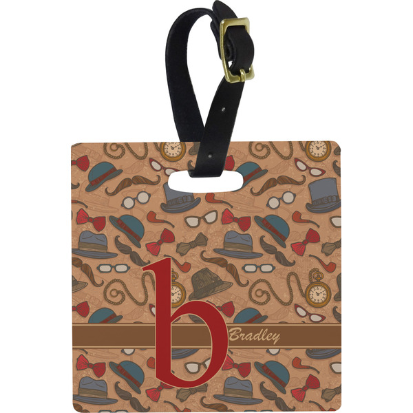 Custom Vintage Hipster Plastic Luggage Tag - Square w/ Name and Initial