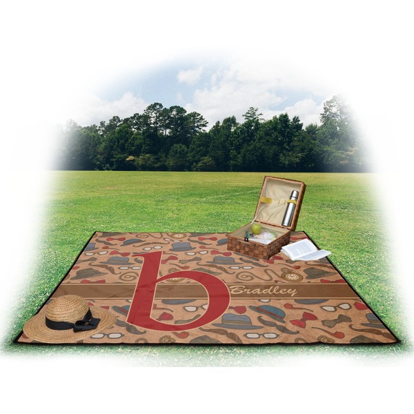 Vintage Hipster Picnic Blanket - with Basket Hat and Book - in Use