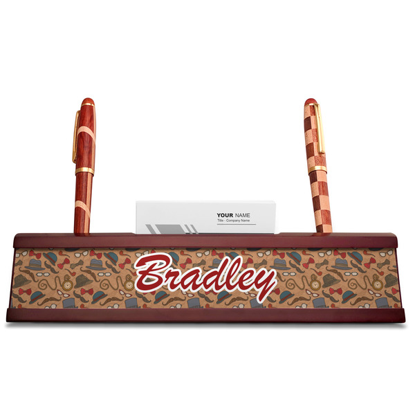 Vintage Hipster Red Mahogany Nameplates with Business Card Holder - Straight