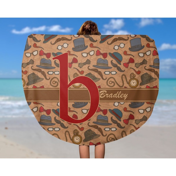 Vintage Hipster Round Beach Towel - In Use