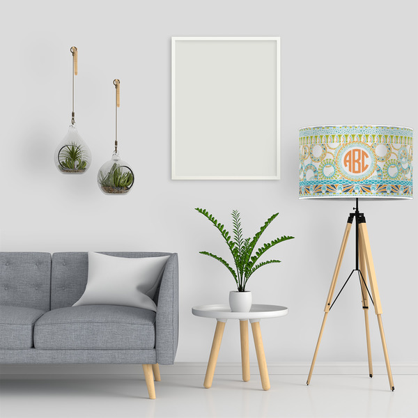 Teal Ribbons & Labels 12" Drum Lampshade - LIFESTYLE