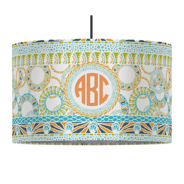 Teal Ribbons & Labels 12" Drum Lampshade - PENDANT (Fabric)