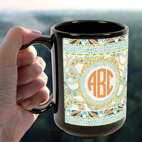 Teal Ribbons & Labels 15oz. Black Mug - LIFESTYLE