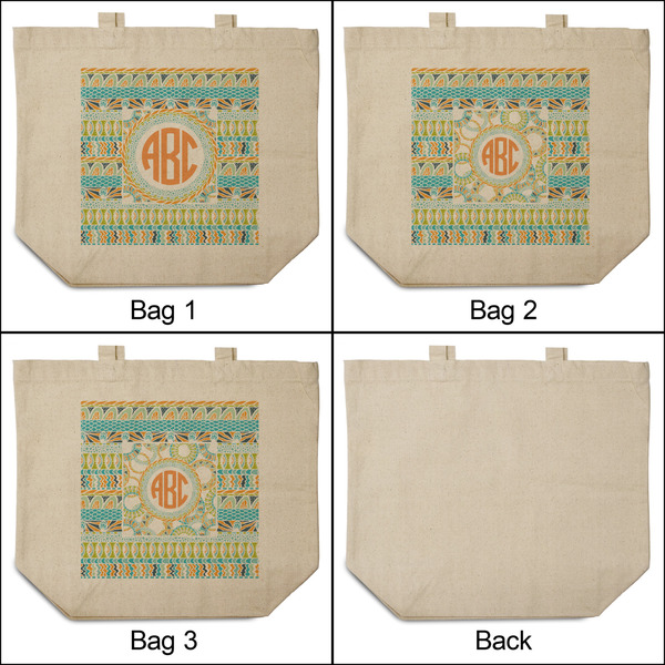 Teal Ribbons & Labels 3 Reusable Cotton Grocery Bags - Front & Back View