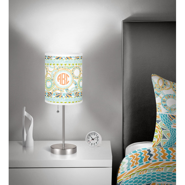 Teal Ribbons & Labels 7 inch drum lamp shade - in room