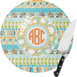 Teal Ribbons & Labels Round Glass Cutting Board - Small (Personalized)