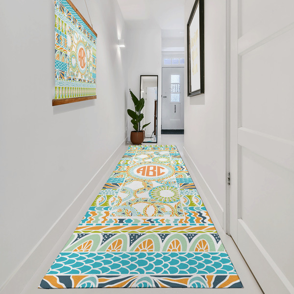 Teal Ribbons & Labels Area Rug Sizes - In Context (vertical)