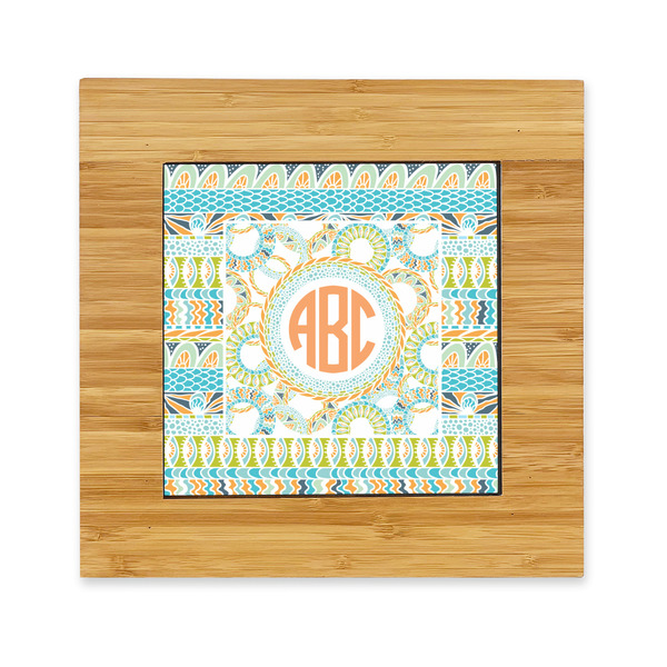 Custom Teal Ribbons & Labels Bamboo Trivet with Ceramic Tile Insert (Personalized)