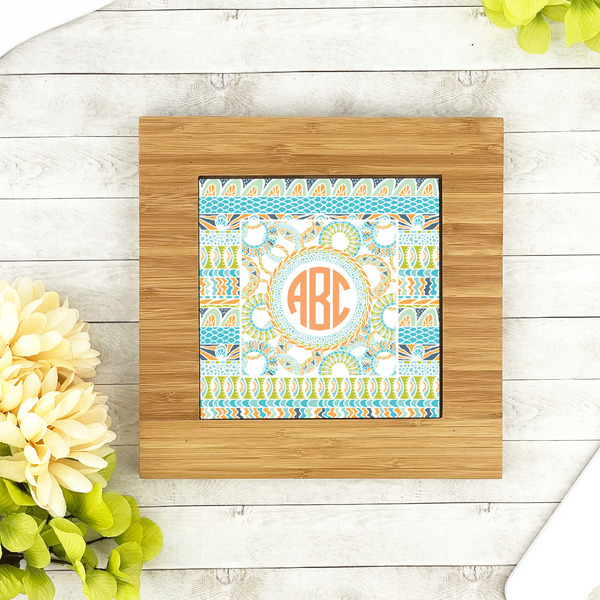 Teal Ribbons & Labels Bamboo Trivet with 6" Tile - LIFESTYLE