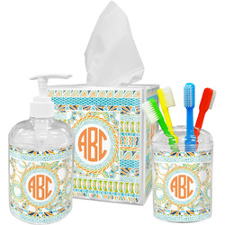 Teal Ribbons & Labels Acrylic Bathroom Accessories Set w/ Monogram