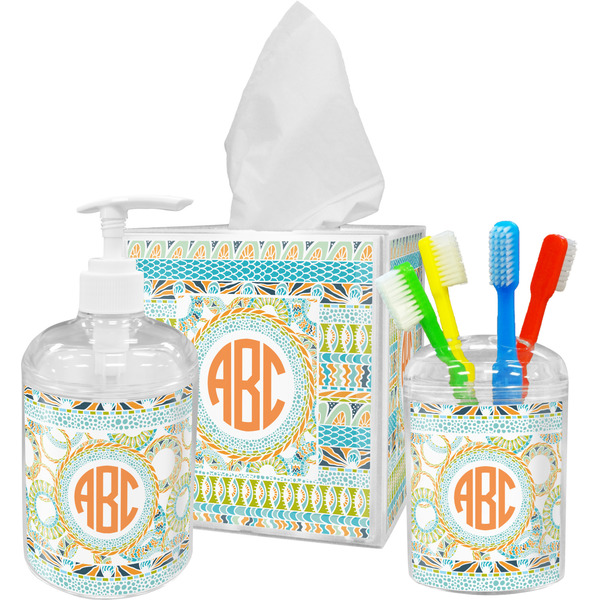 Custom Teal Ribbons & Labels Acrylic Bathroom Accessories Set w/ Monogram