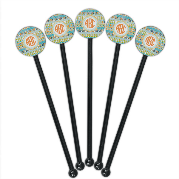 Teal Ribbons & Labels Black Plastic 5.5" Stir Stick - Round - Fan View