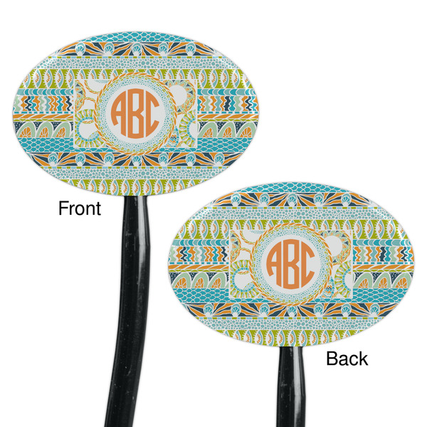 Teal Ribbons & Labels Black Plastic 7" Stir Stick - Double Sided - Oval - Front & Back