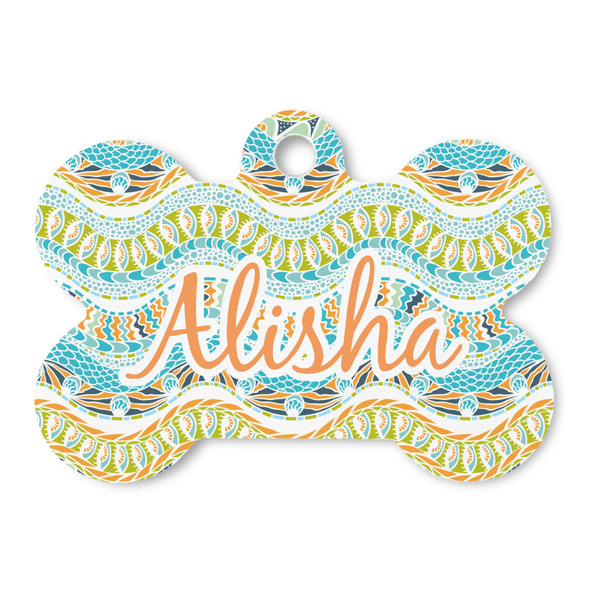 Custom Teal Ribbons & Labels Bone Shaped Dog ID Tag (Personalized)
