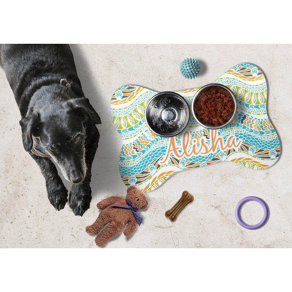 Teal Ribbons & Labels Bone Shaped Mat w/ Food & Water