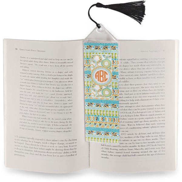 Teal Ribbons & Labels Bookmark with tassel - In book