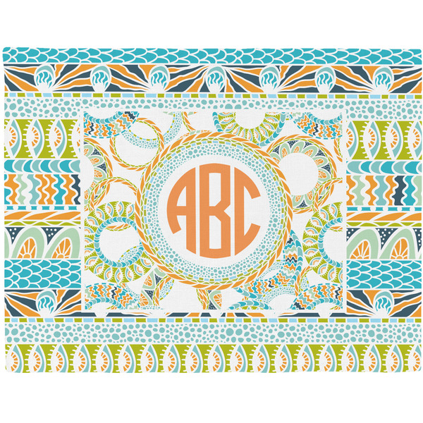 Custom Teal Ribbons & Labels Woven Fabric Placemat - Twill w/ Monogram