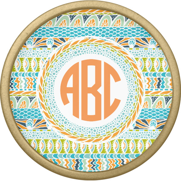 Teal Ribbons & Labels Cabinet Knob - Gold - Front