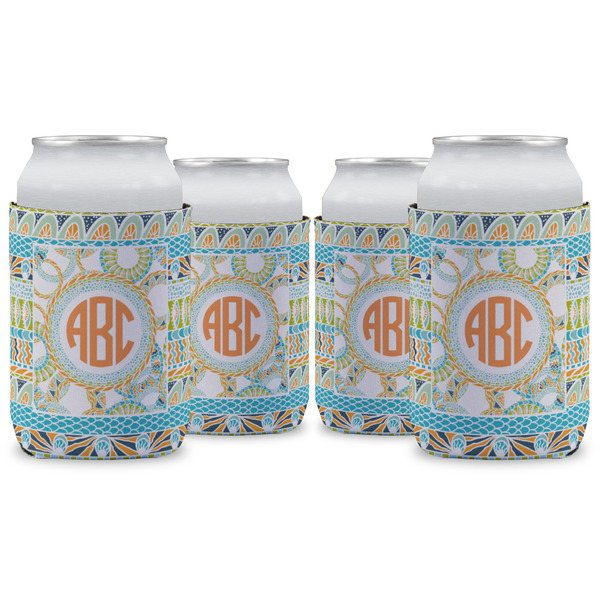 Custom Teal Ribbons & Labels Can Cooler (12 oz) - Set of 4 w/ Monogram