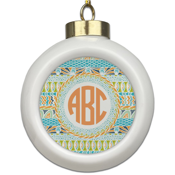 Custom Teal Ribbons & Labels Ceramic Ball Ornament (Personalized)