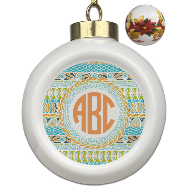 Custom Teal Ribbons & Labels Ceramic Ball Ornaments - Poinsettia Garland (Personalized)