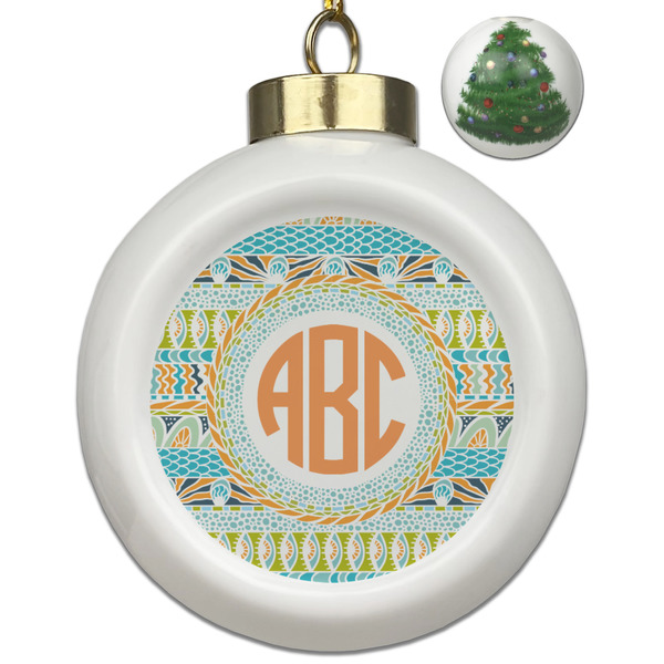 Custom Teal Ribbons & Labels Ceramic Ball Ornament - Christmas Tree (Personalized)