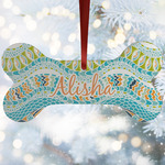 Teal Ribbons & Labels Ceramic Dog Ornament w/ Monograms