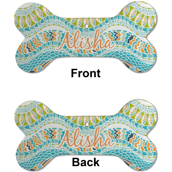 Teal Ribbons & Labels Ceramic Flat Ornament - Bone Front & Back (APPROVAL)