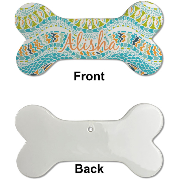 Teal Ribbons & Labels Ceramic Flat Ornament - Bone Front & Back Single Print (APPROVAL)