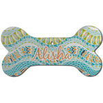 Teal Ribbons & Labels Ceramic Dog Ornament - Front w/ Monogram