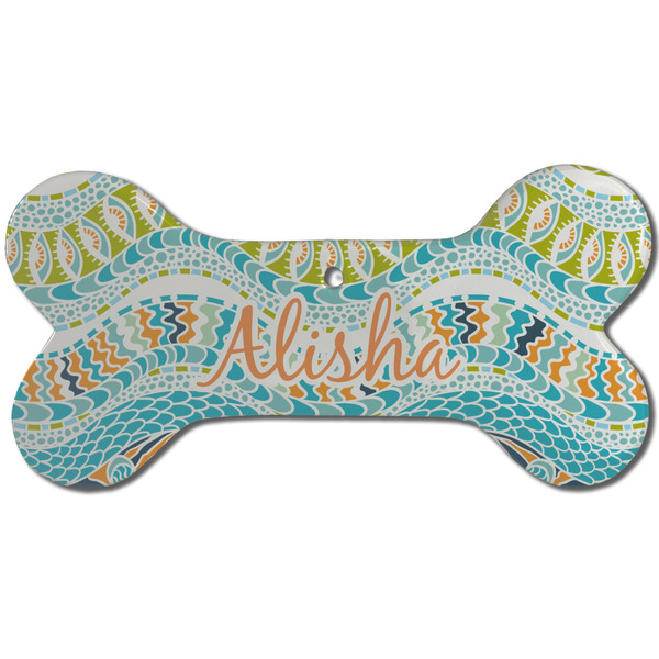 Teal Ribbons & Labels Ceramic Flat Ornament - Bone Front
