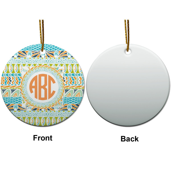 Teal Ribbons & Labels Ceramic Flat Ornament - Circle Front & Back (APPROVAL)