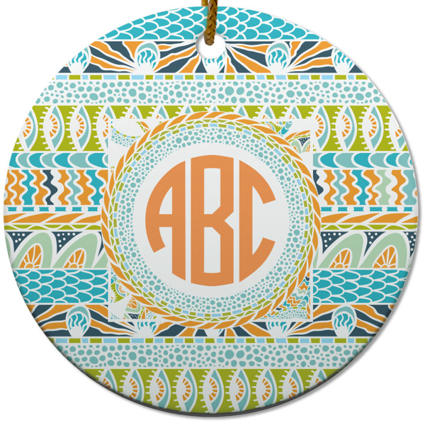 Teal Ribbons & Labels Ceramic Flat Ornament - Circle (Front)