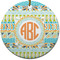 Teal Ribbons & Labels Round Ceramic Ornament w/ Monogram