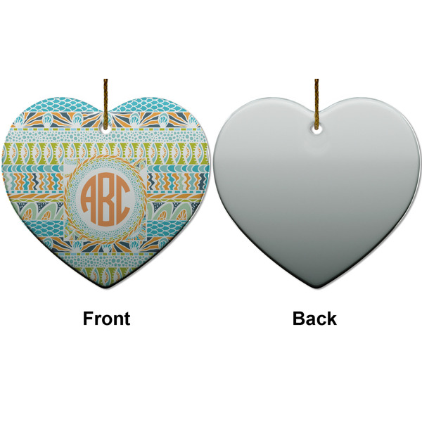Teal Ribbons & Labels Ceramic Flat Ornament - Heart Front & Back (APPROVAL)