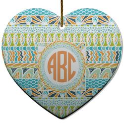 Teal Ribbons & Labels Heart Ceramic Ornament w/ Monogram