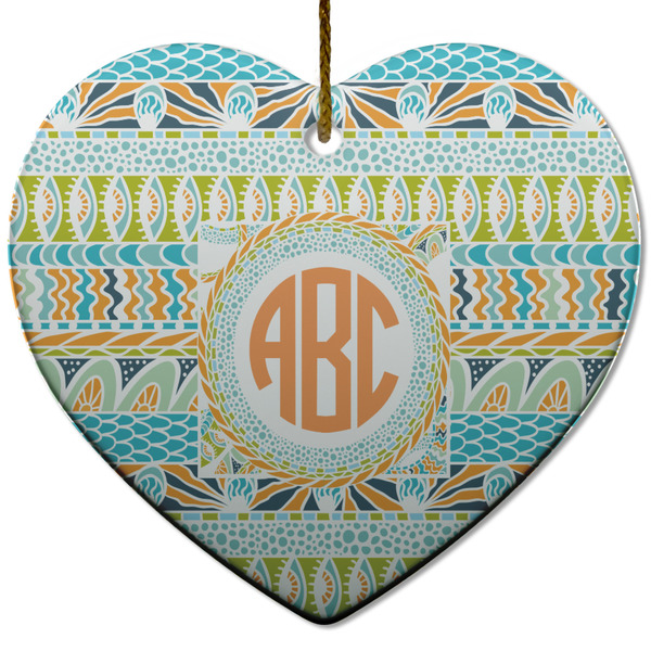Custom Teal Ribbons & Labels Heart Ceramic Ornament w/ Monogram