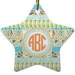Teal Ribbons & Labels Star Ceramic Ornament w/ Monogram