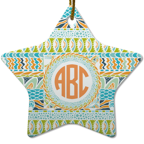 Custom Teal Ribbons & Labels Star Ceramic Ornament w/ Monogram