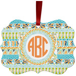 Teal Ribbons & Labels Metal Frame Ornament - Double Sided w/ Monogram