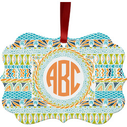 Teal Ribbons & Labels Metal Frame Ornament - Double Sided w/ Monogram