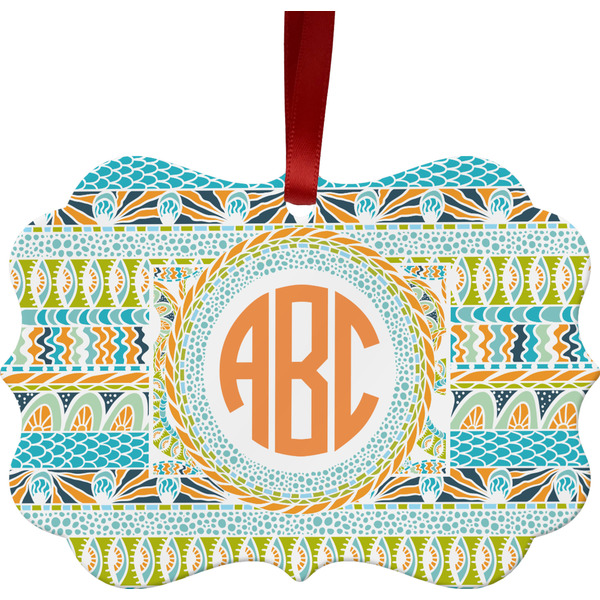 Custom Teal Ribbons & Labels Metal Frame Ornament - Double Sided w/ Monogram
