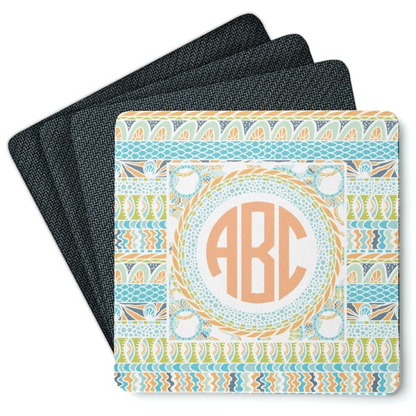 Custom Teal Ribbons & Labels Square Rubber Backed Coasters - Set of 4 (Personalized)