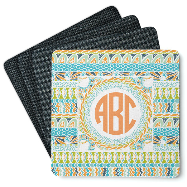 Custom Teal Ribbons & Labels Square Rubber Backed Coasters - Set of 4 (Personalized)