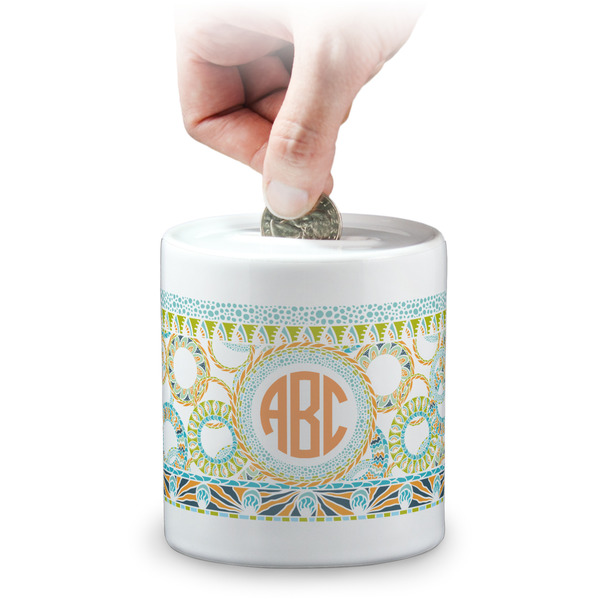 Custom Teal Ribbons & Labels Coin Bank (Personalized)