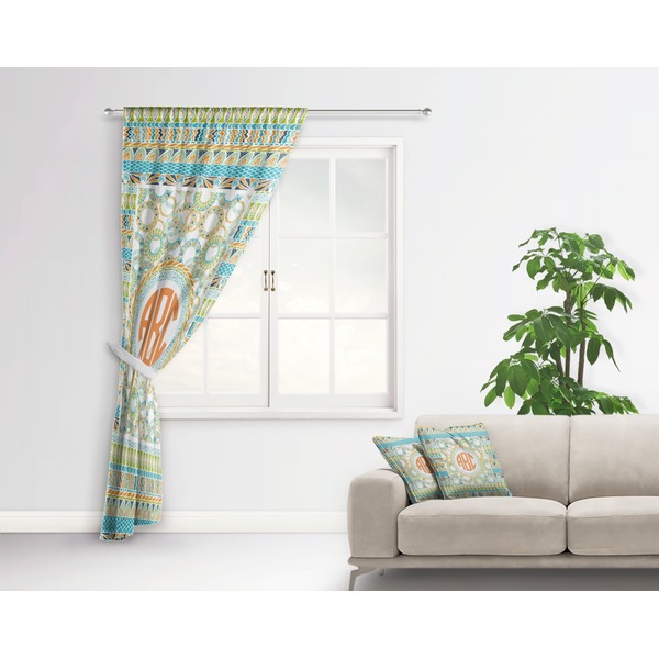 Teal Ribbons & Labels Curtain With Window and Rod - in Room Matching Pillow