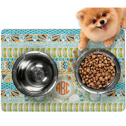 Teal Ribbons & Labels Dog Food Mat - Small w/ Monogram
