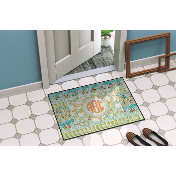 Teal Ribbons & Labels Door Mat Lifestyle