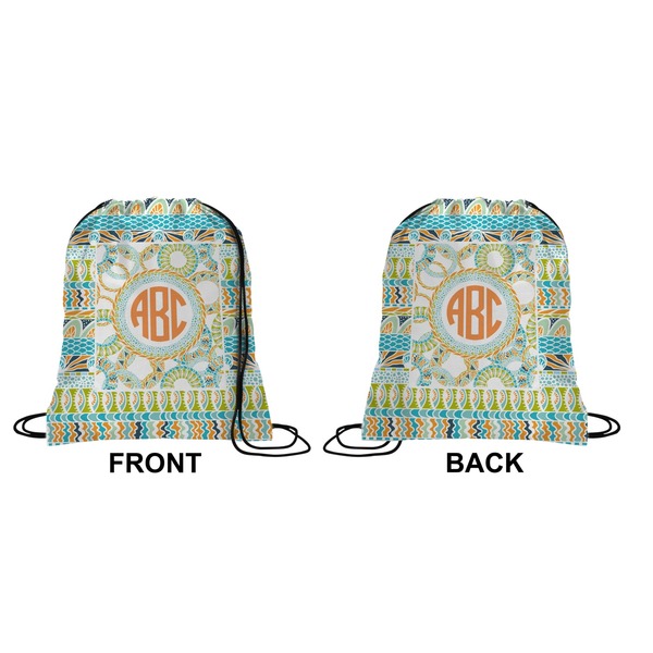 Teal Ribbons & Labels Drawstring Backpack Front & Back Medium